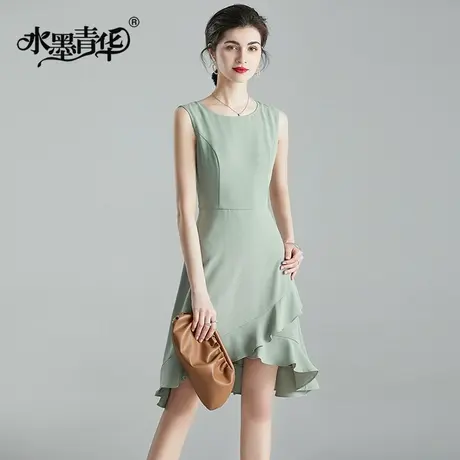 水墨青华夏装新品时尚女装无袖裙气质优雅修身百搭简约连衣裙图片