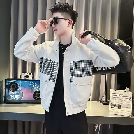 格子拼接工装夹克秋冬新款个性痞帅网红潮牌轻熟立领加厚冬装外套图片