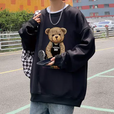 秋冬季卫衣男潮牌ins港风宽松oversize无帽上衣服小熊圆领打底衫商品大图