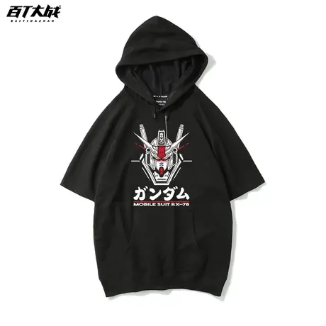 日系ins复古动漫高达机器人印花周边衣服纯棉连帽短袖T恤男女中性商品大图