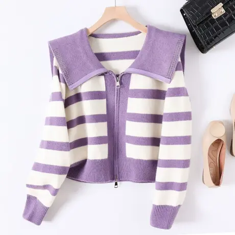 2023春季新品条纹拉链海军领针织衫毛衣韩版宽松长袖外套上衣开衫商品大图