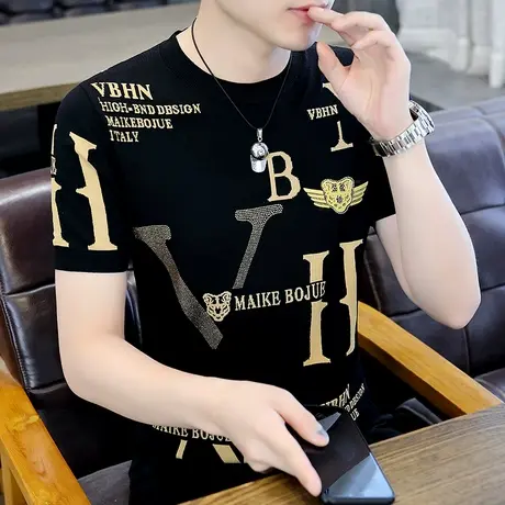 冰丝短袖t恤男夏季新款烫钻设计感上衣男款帅气夏装半袖打底体恤商品大图