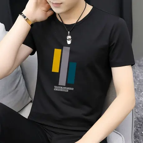 莫代尔短袖t恤男2024新款夏季潮牌潮流上衣服冰丝冰感黑色体恤男商品大图