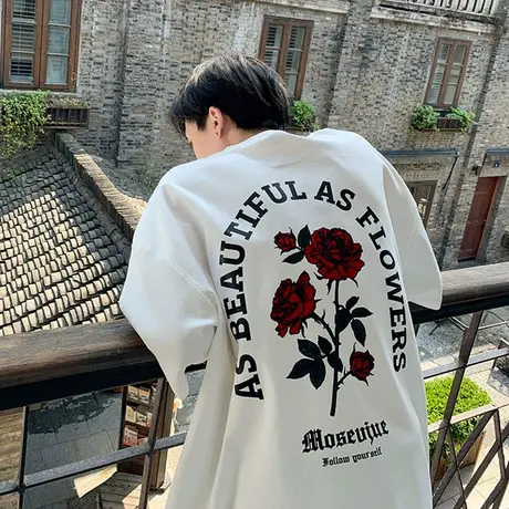 青年潮牌短袖t恤男潮流圆领纯棉夏季男女生宽松百搭玫瑰印花体恤商品大图