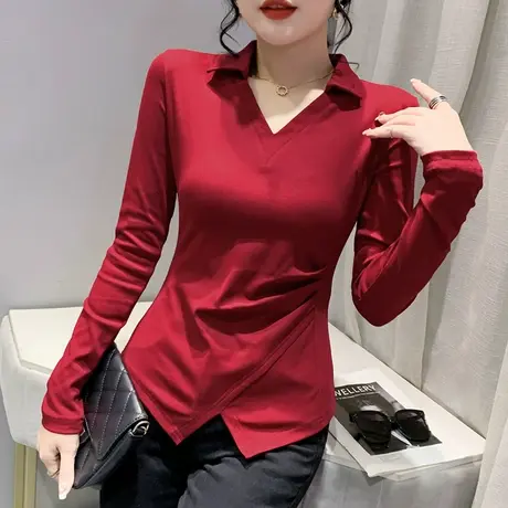 欧货POLO领长袖T恤女洋气纯色百搭打底衫设计感不规则下摆上衣潮商品大图