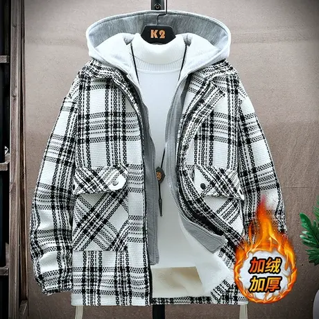 假两件格子外套男冬季加绒加厚棉服男连帽宽松休闲冬天保暖棉衣潮商品大图