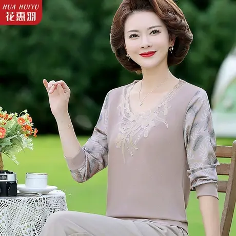妈妈秋装纱袖打底衫上衣女中老年人春秋内搭针织长袖T恤小衫薄款商品大图