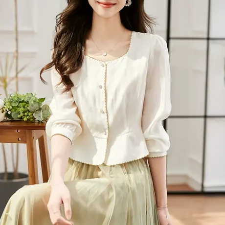 时尚气质淑女方领长袖衬衫2023年春季新款温柔甜美宽松显瘦上衣图片