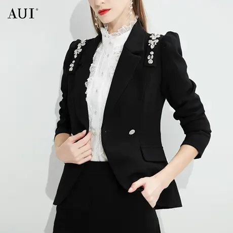 AUI黑色高级气质修身西装外套女2023春秋新款设计感职业通勤西服图片