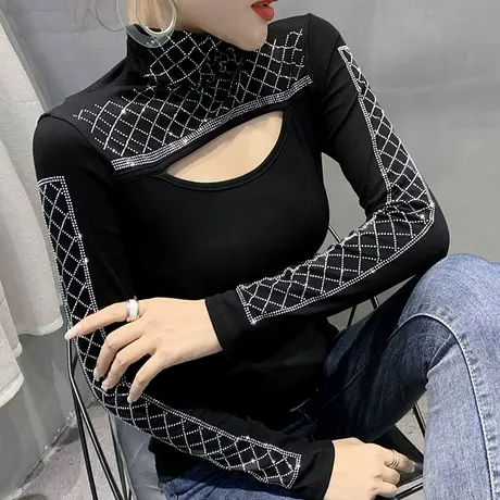 高领紧身内搭打底衫女春秋重工烫钻T恤女长袖性感镂空洋气上衣潮商品大图