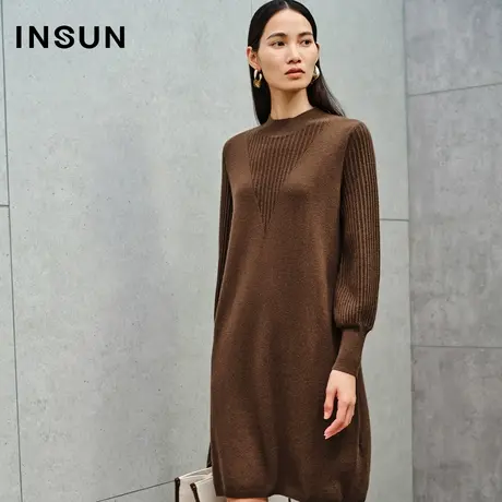INSUN恩裳线上专选冬季抽条美拉德羊绒羊毛连衣裙商品大图