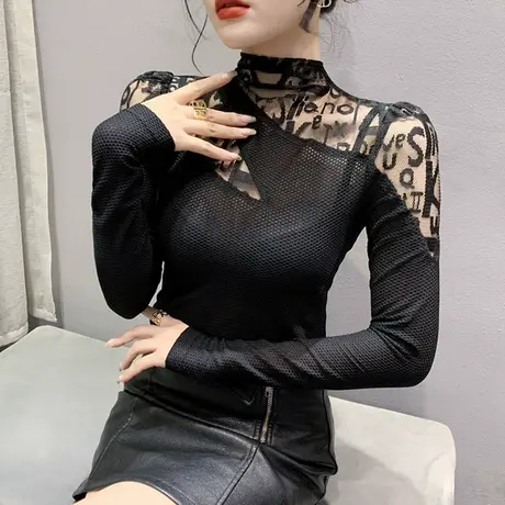 性感镂空T恤女长袖2024春秋新款网纱拼接上衣洋气百搭显瘦小衫ins图片