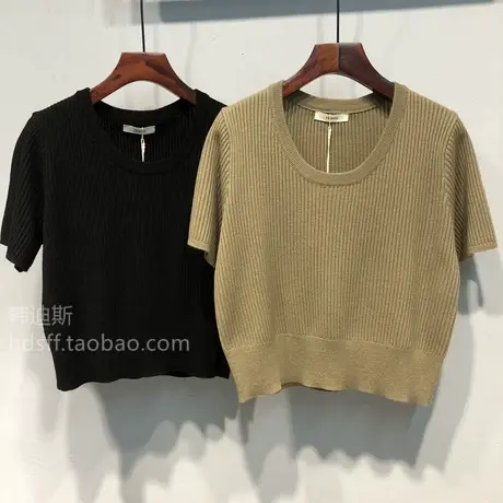 2023春夏装新款韩版纯色简约百搭小个子短款坑条短袖针织衫上衣女商品大图