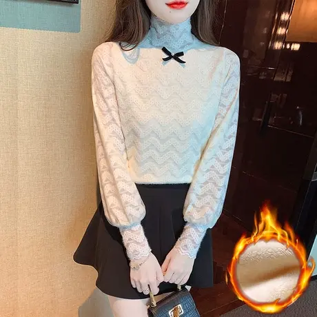 加绒加厚高领蕾丝打底衫女2023新款内搭宽松设计感小众甜美女上衣商品大图