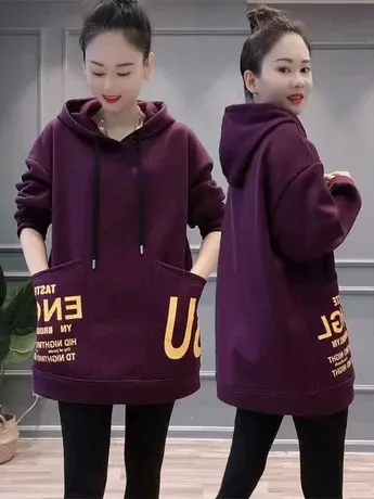 2023年秋冬季新款欧版宽松百搭双口袋加绒中长款连帽卫衣女ins潮商品大图