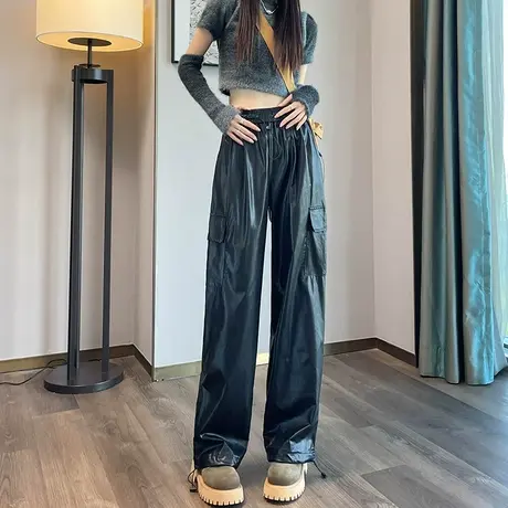 黑色美式加绒pu工装皮裤女2023秋冬新款设计感束脚阔腿休闲运动裤商品大图