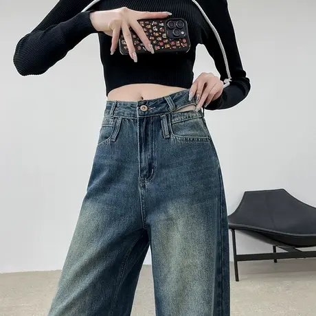 美式复古窄版阔腿牛仔裤女春秋季高腰显瘦做旧宽松垂感拖地直筒裤商品大图