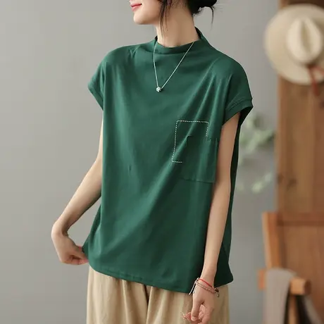dza复古纯棉半高领T恤女士2023夏季贴布短袖体恤宽松显瘦打底上衣商品大图