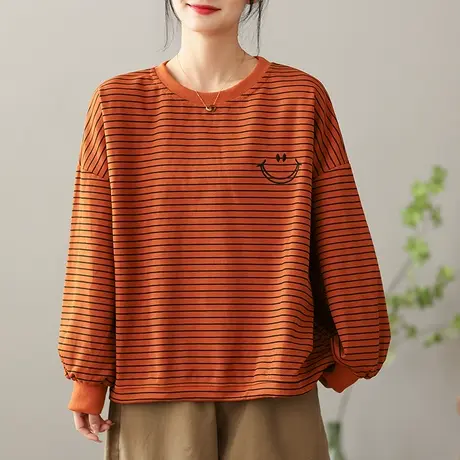 dza 复古纯棉条纹卫衣女士2023春季新款圆领套头外搭休闲宽松上衣图片