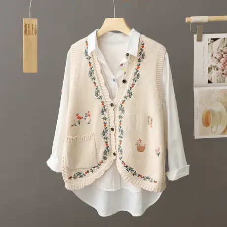 法式花边刺绣针织马甲背心女开衫高级感毛衣马甲针织开衫坎肩宽松商品大图