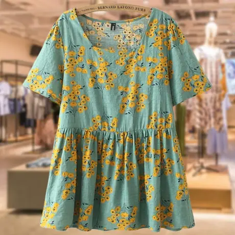 中年胖妈妈夏装短袖T恤大码宽松洋气减龄妈妈装碎花纯棉女士上衣商品大图