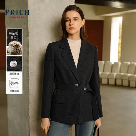 【羊毛面料】PRICH2023冬新款挺阔纽扣系带气质驳领西装外套女商品大图