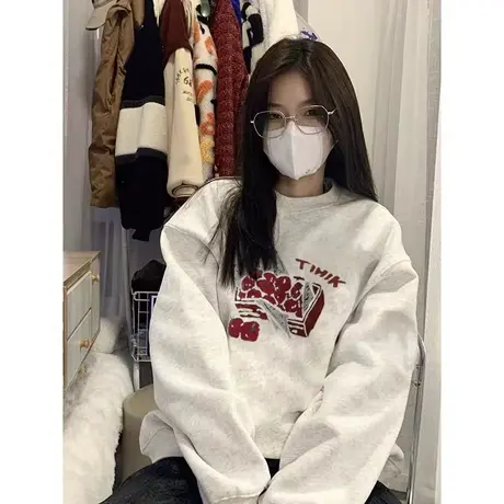 美式复古oversize卫衣女2023春秋薄款宽松慵懒风chic港味上衣外套商品大图