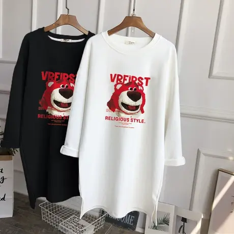 t恤女宽松纯棉大码2022年春季新款磨毛中长款长袖打底衫百搭上衣图片