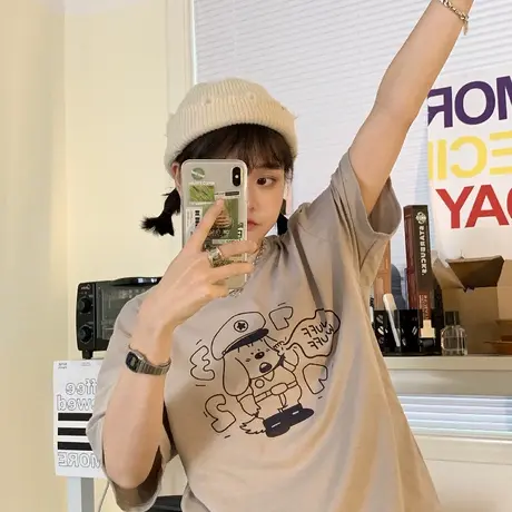 原创小狗队长2023新款夏季纯棉圆领短袖半袖T恤女上衣宽松百搭ins商品大图