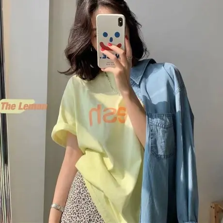 短袖t恤女夏装2021新款韩版ins潮柠檬黄色显白字母宽松中长款上衣商品大图