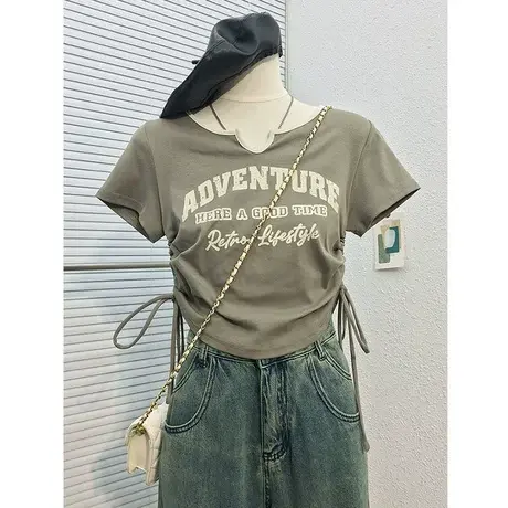 夏装2023新款美式复古字母印花侧抽绳短款短袖小个子正肩T恤女潮商品大图