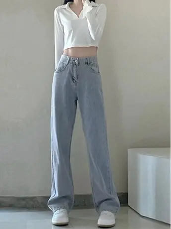 清仓捡漏小个子高腰牛仔裤女2023年春秋新款显瘦直筒阔腿拖地裤商品大图