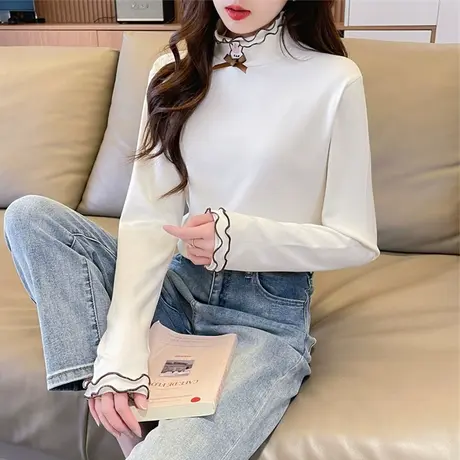 双面德绒高领长袖t恤女秋冬加绒加厚修身保暖内搭撞色打底衫上衣图片