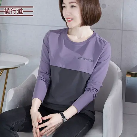 2025春季新款棉质字母上衣胖MM中年妈妈长袖t恤女宽松圆领打底衫商品大图