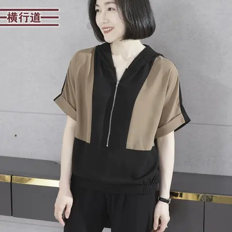 2025夏季新款简约休闲连帽拉链撞色宽松短袖雪纺衫女上衣外穿大码图片