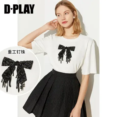 DPLAY夏新款减龄少女时尚白定制重工流苏订珠蝴蝶结T恤商品大图
