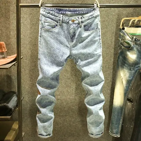 个性原创印花牛仔裤男弹力修身小脚裤春夏新款浅蓝色潮流韩版长裤商品大图