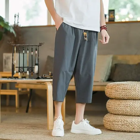 亚麻七分裤男士夏季薄款透气直筒裤子大码棉麻短裤休闲运动八分裤商品大图