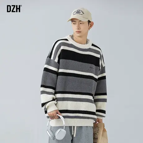 男士条纹毛衣日系慵懒复古针织衫男冬季宽松上衣2023新款爆款线衣商品大图
