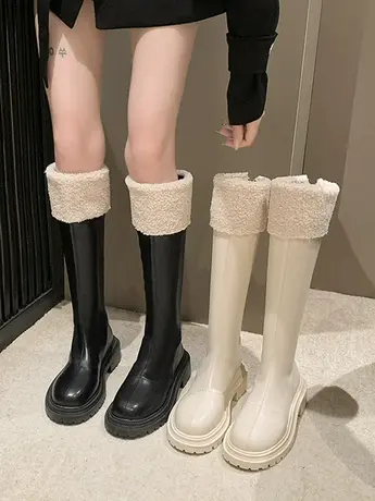 羊羔毛长筒靴子女2023年新款秋冬加绒雪地棉靴显瘦厚底高筒骑士靴图片