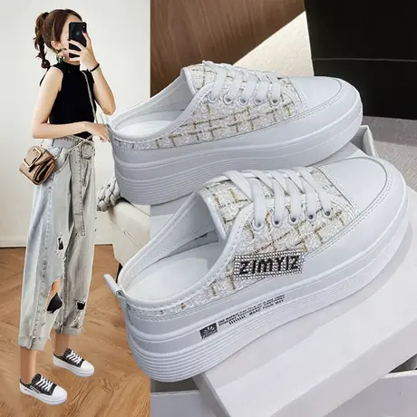 包头半拖鞋女2023新款韩版厚底松糕帆布鞋增高百搭休闲运动老爹鞋商品大图