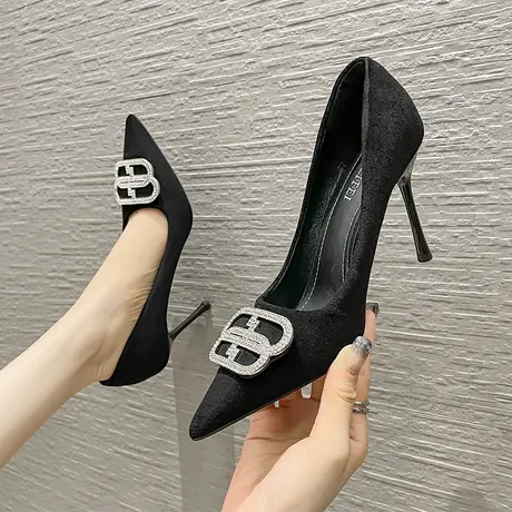 黑色绒面高跟鞋女细跟2024年新款气质不累脚尖头浅口水钻职业单鞋图片