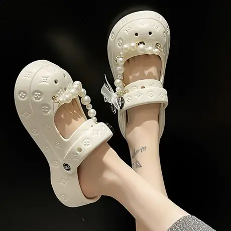 时尚珍珠包头凉拖鞋女夏季ins潮外穿可爱厚底防滑沙滩两穿洞洞鞋图片
