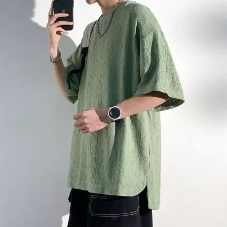 冰丝t恤男夏季薄款宽松开叉短袖褶皱肌理感提花上衣男士半袖体恤商品大图