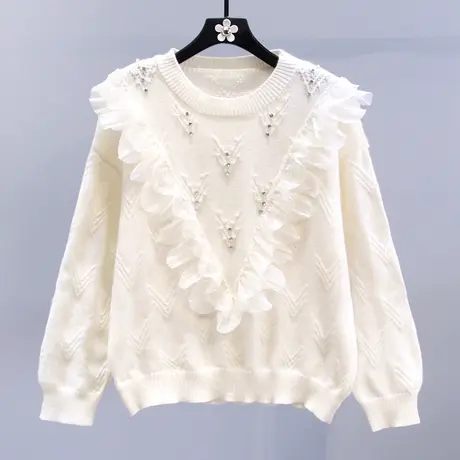 日系甜美荷叶边钉珠毛衣女冬季2023新款宽松外穿设计感针织上衣图片