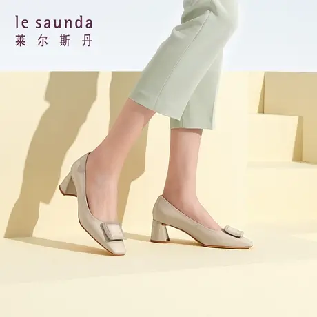 莱尔斯丹春季新款优雅方头饰扣粗跟浅口通勤单鞋女鞋4M43201图片