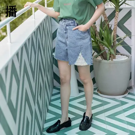 播夏季新款不对称腰水洗做旧毛边裤脚牛仔短裤女BDP2KD0145图片