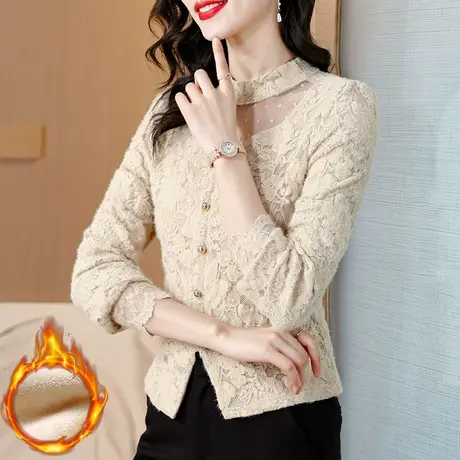 半高领加绒蕾丝打底衫女秋冬款洋气内搭品牌漂亮时尚独特别致小衫商品大图