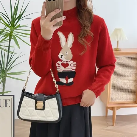 本命年红色兔子毛衣女秋冬季女款2023新款爆款内搭打底衫时尚洋气商品大图