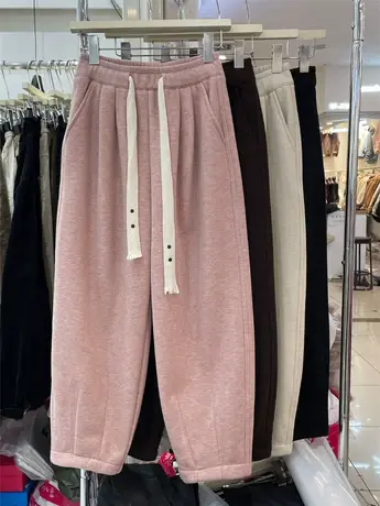 加绒加厚羊绒奶奶裤女冬季2023新款休闲哈伦裤九分抽绳萝卜老爹裤图片